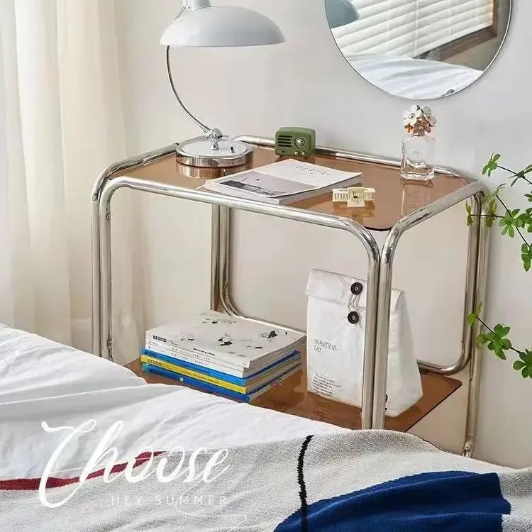 Table basse en acier inoxydable de style nordique, rangement à double couche, table d'angle, petit c