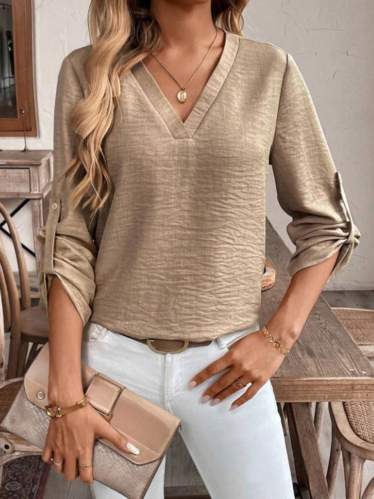 Dames élégant Simple col en v trajet couleur Pure manches à revers décontracté sophistiqué chemise t