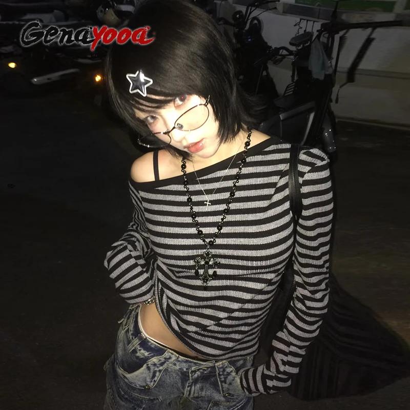 Genayooa japonais Y2k T-shirt femmes à manches longues épaules nues rayé culture hauts Y2k Grunge 20
