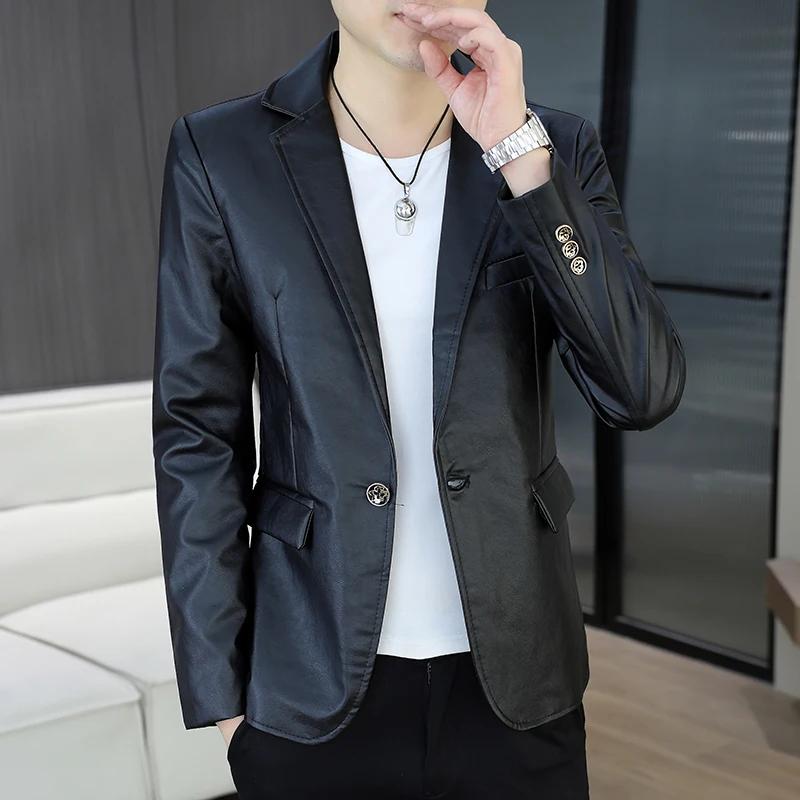 Veste en cuir PU pour hommes, mince, amincissante, de style coréen, petit haut de costume décontract