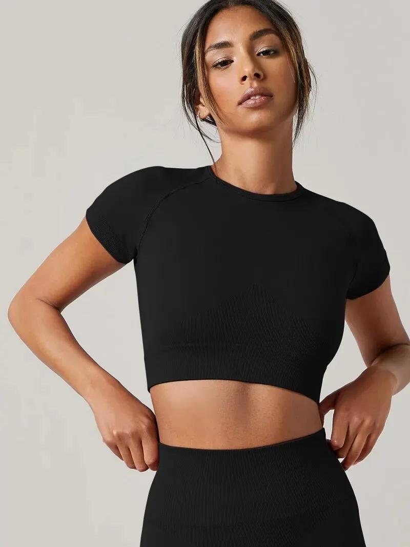 T-shirt de sport sans couture femme haut de yoga fitness manches courtes confortable