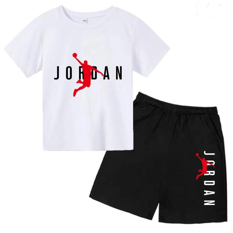 Ensemble deux pièces été 2026 pour enfants : T-shirt blanc et short, imprimé lettres de basket-ball,