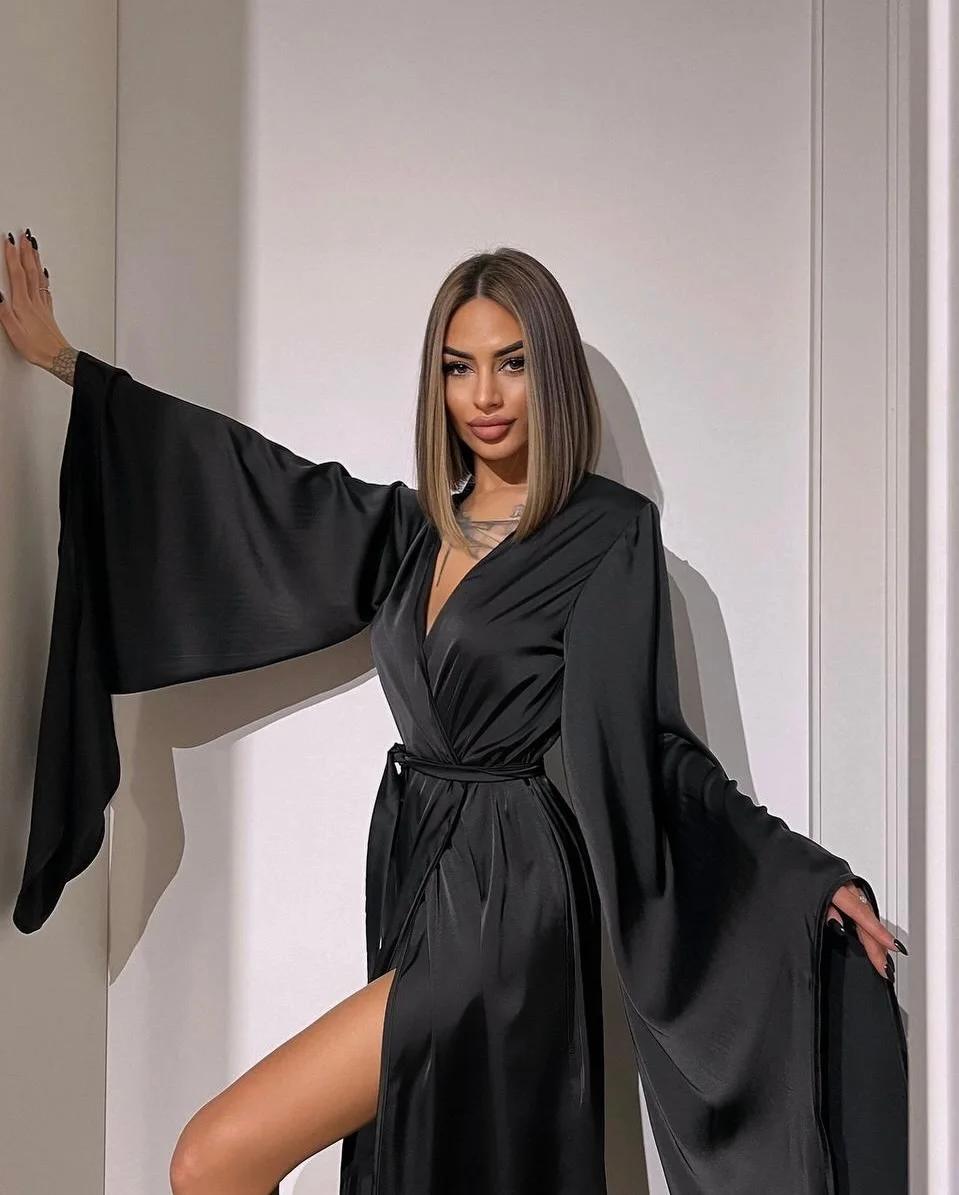 Robe de soirée en satin noir, sexy, col en V, manches évasées, en taffetas, pour bal de promo, robes