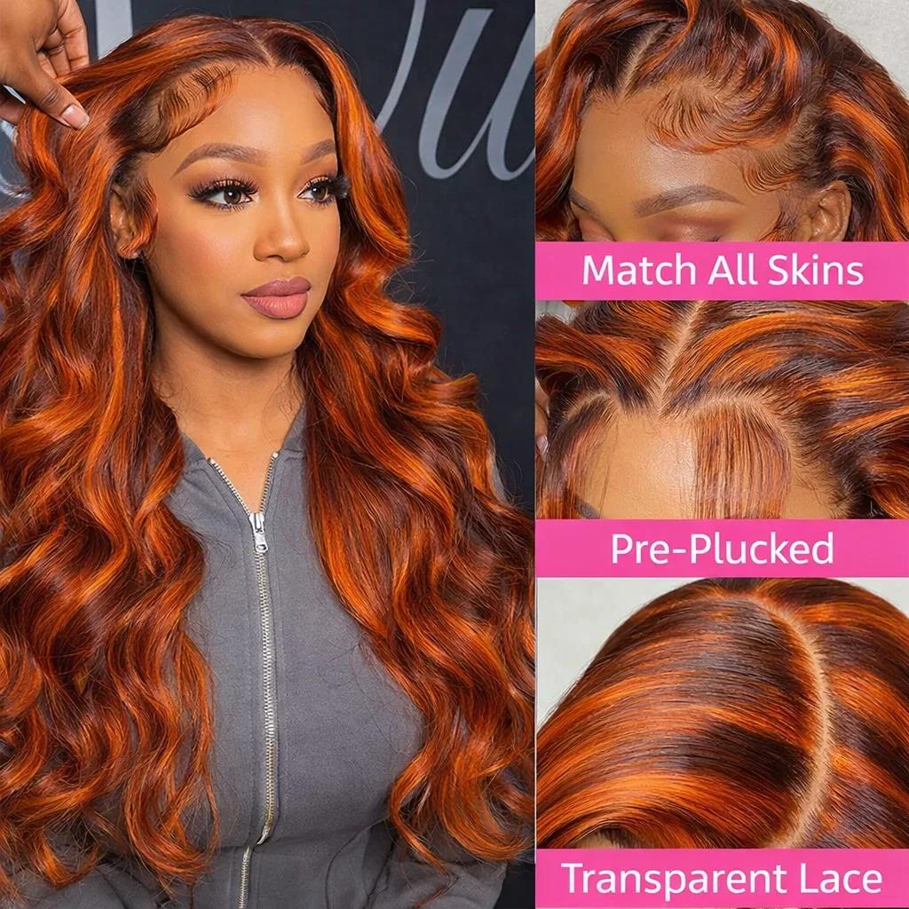 Perruques Body Wave Ombrées 4/350 avec Mèches, Perruque Lace Frontale 13x6 en Cheveux Humains, Coule