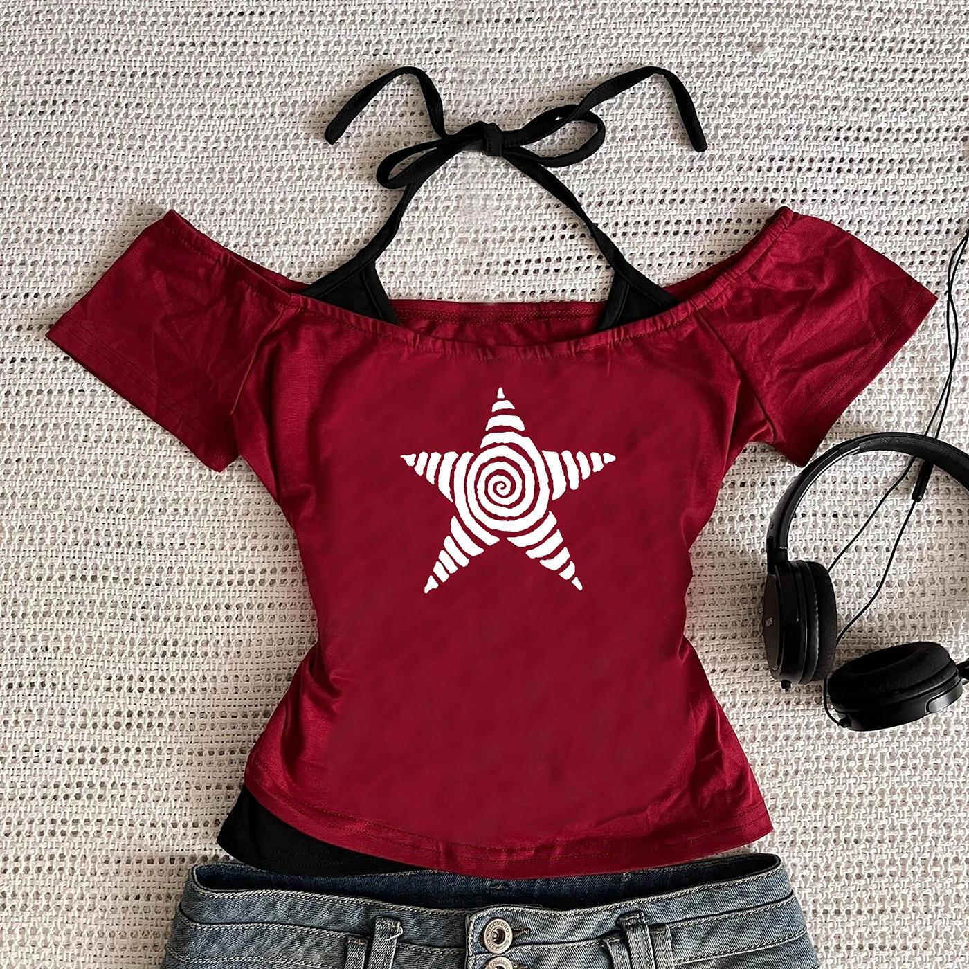 T-Shirt décontracté pour femmes, Harajuku 2025, Streetwear rétro Y2K, col licou imprimé, faux ensemb