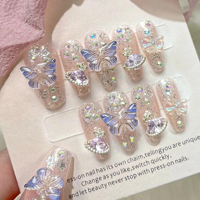 10 pièces presse à la main sur les ongles grand planète conçu faux ongles avec papillon Art paillett