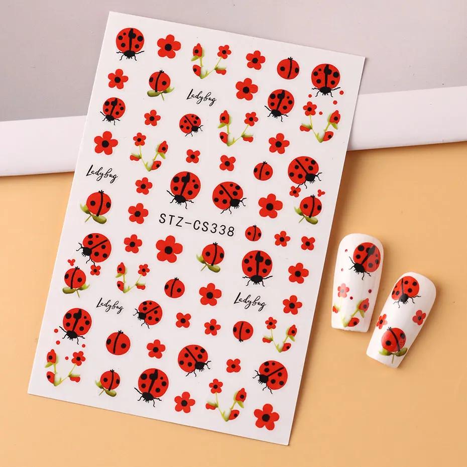 Autocollants pour ongles coccinelle de dessin animé 3D, 2 pièces, pétales rouges d'insecte mignons,