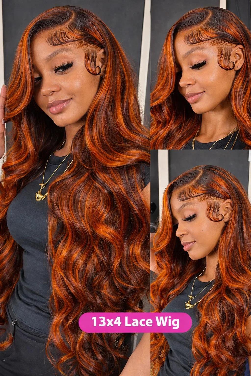Perruques Body Wave Ombrées 4/350 avec Mèches, Perruque Lace Frontale 13x6 en Cheveux Humains, Coule