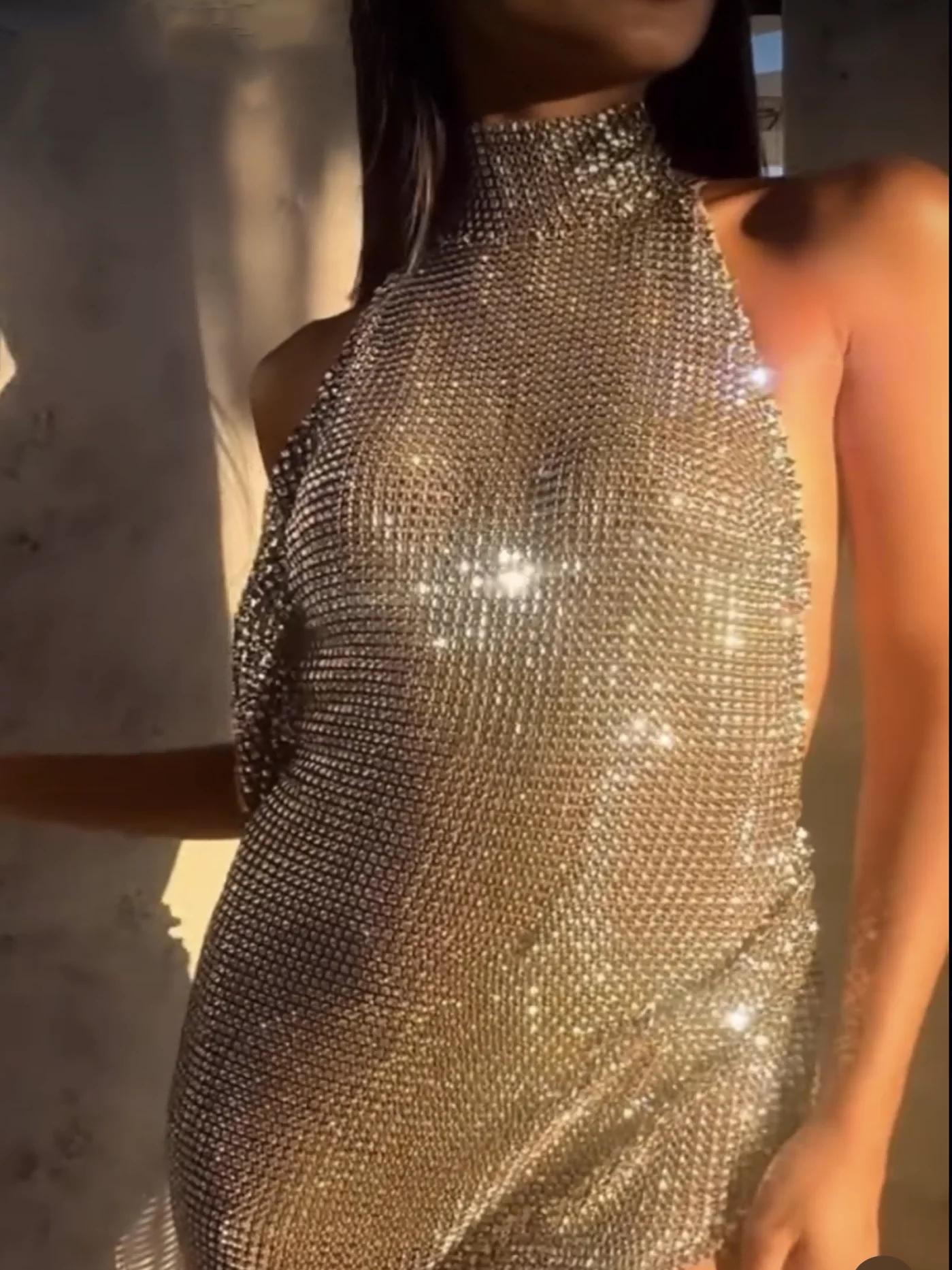Robe dos nu sexy pour femme, style européen et américain, ornée de diamants étincelants, idéale pour