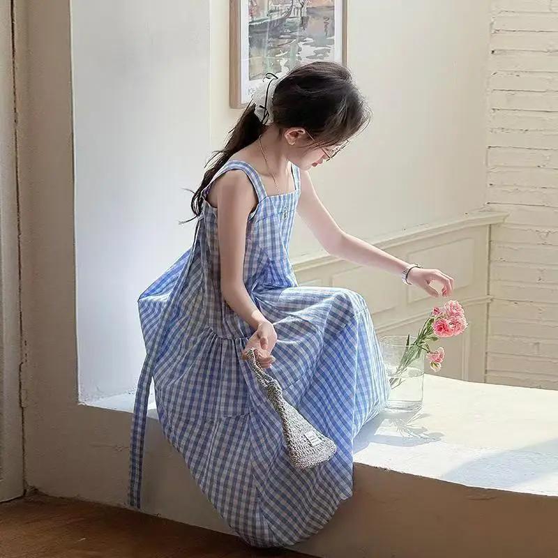 UNITIM – robe d'été sans manches pour filles, en coton, à carreaux bleus, pour enfants de 4 à 14 ans