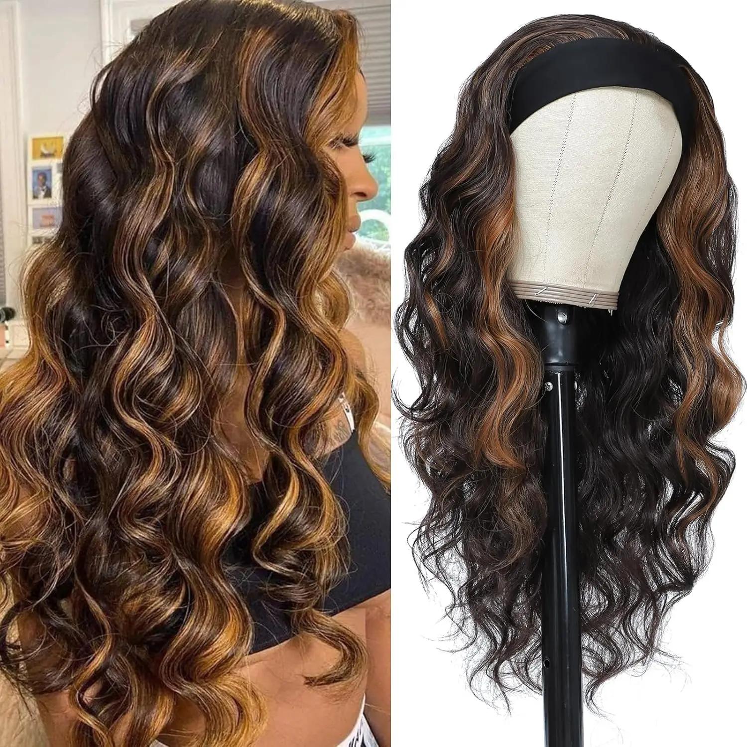 Perruque bandeau synthétique ondulée longue pour femmes, perruques noires avec reflets blonds bruns,