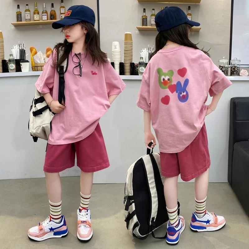 Ensemble de vêtements pour filles d'été, t-shirt en coton à imprimé alphabet + short uni, ensembles