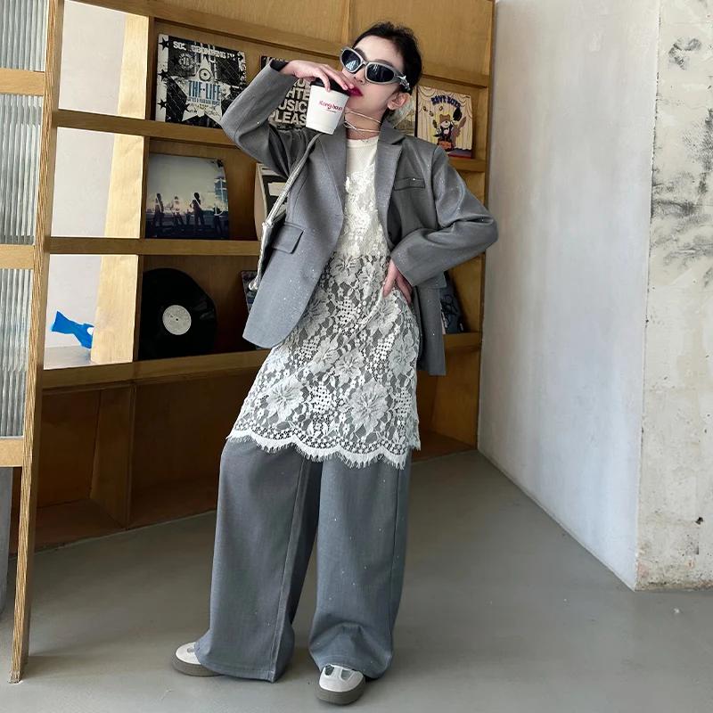 Design adolescente costume brillant ensemble noir gris Blazer + pantalon à jambes larges 2pc junior