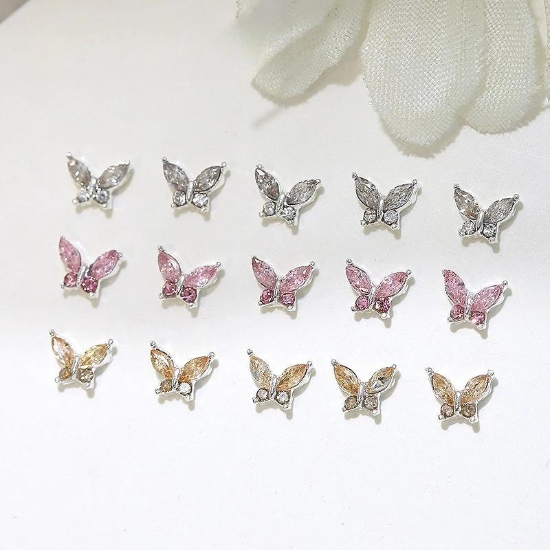10/20 pièces Mini 4*5mm cristal papillon ongles breloques 3D diamant bijoux pièces rose clair métal