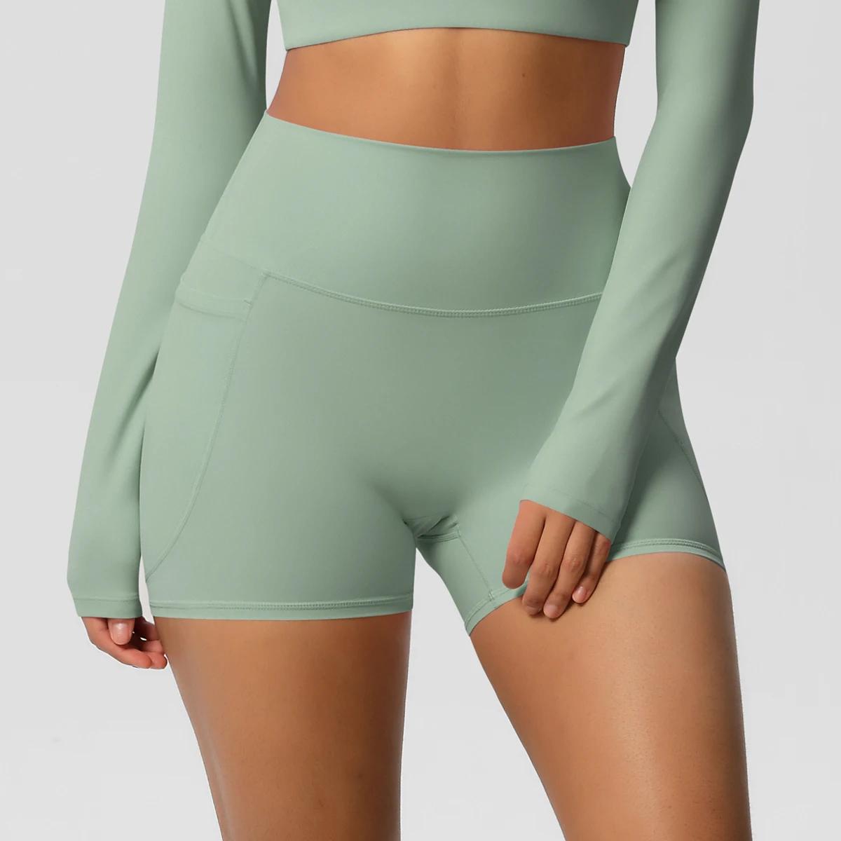 Short de Yoga femme en Nylon couleur unie - Avec poches pour cyclisme, course à pied et Pilates