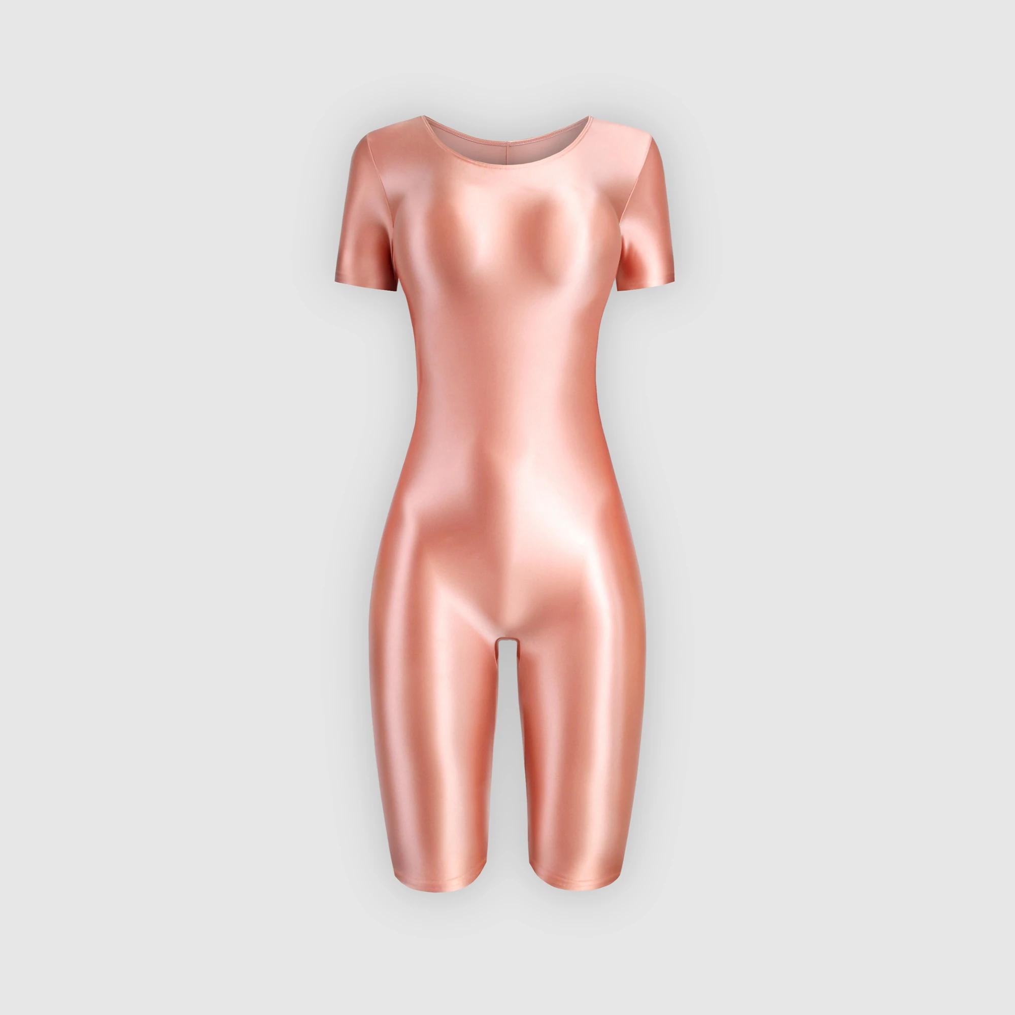 Maillot de bain une pièce en satin brillant pour femme, body sportif, collants huileux, lisse, manch