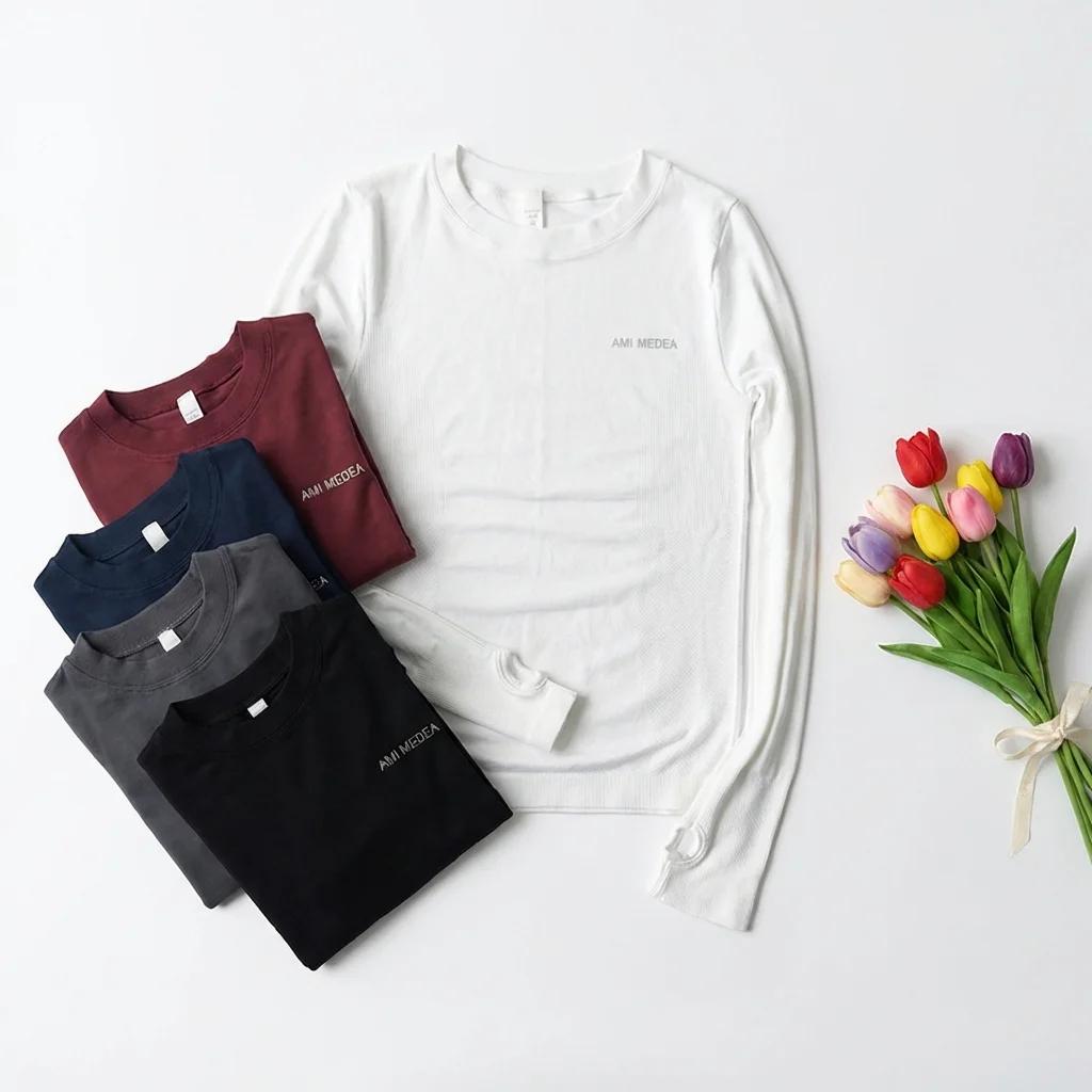 Haut de yoga pour femmes, chemise sans couture, t-shirts de sport, vêtements de fitness, manches lon