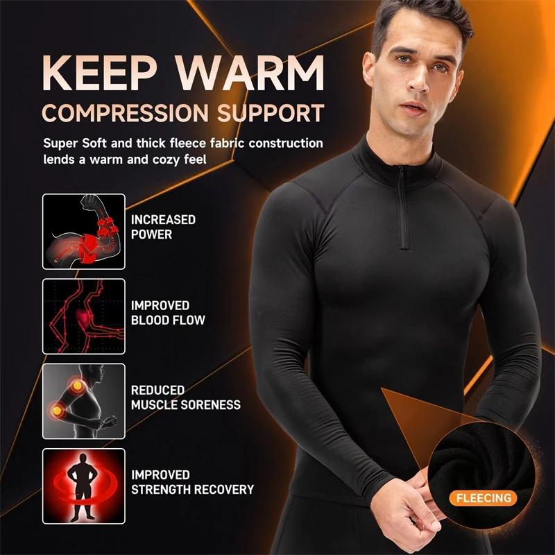 Chemises de compression thermique à fermeture éclair pour hommes, couche de base athlétique doublée