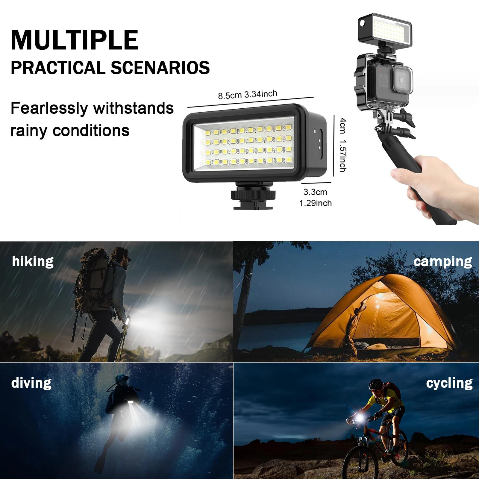 Lampe vidéo LED étanche Sheingka 40M pour plongée sous-marine, compatible GoPro Hero13 12 DJI Action