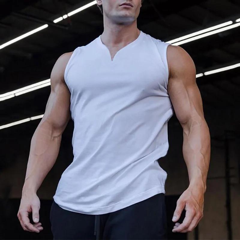 Débardeur d'été en coton respirant à col en v pour hommes, chemise sans manches pour entraînement, c