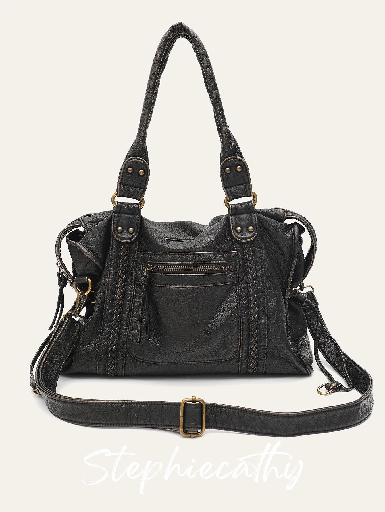 SC rétro décontracté Cool unisexe doux brosse hors lavé PU Vegan cuir sac à main tresse décor bandou