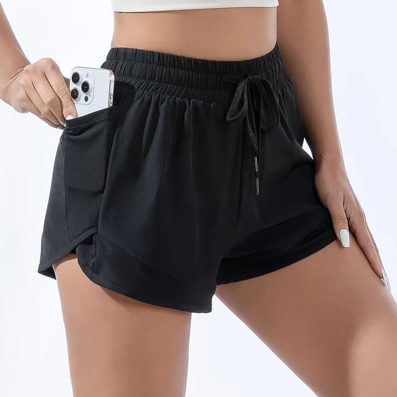 Short de sport ample taille haute pour femmes, double couche, anti-éblouissement, pantalon de fitnes