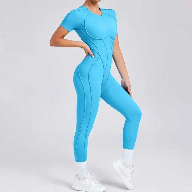 Combinaison de yoga sans coutures pour femmes - Ensemble fitness dos ouvert manches courtes