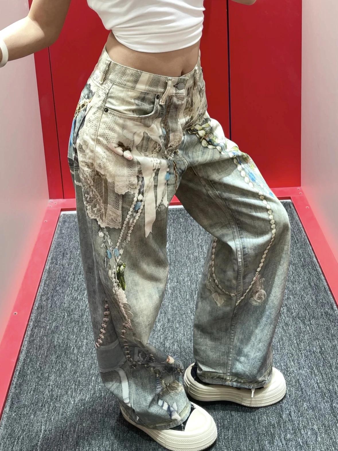 25SS dentelle perle chaîne trompe l'oeil 3D imprimé 1981 jambe droite jean pour hommes et femmes rop