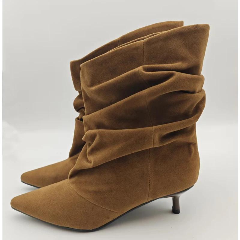 Aneikeh hiver Style De rue bout pointu bottines Femmes plissé bottes courtes Femme rétro concepteur
