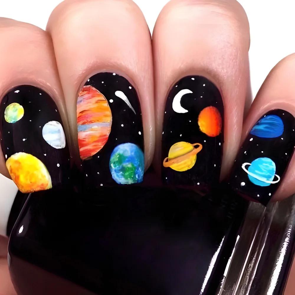 Faux ongles carrés longs moyens pour femmes, 24 pièces/ensemble, nickel é ciel étoilé, noir, bleu, v