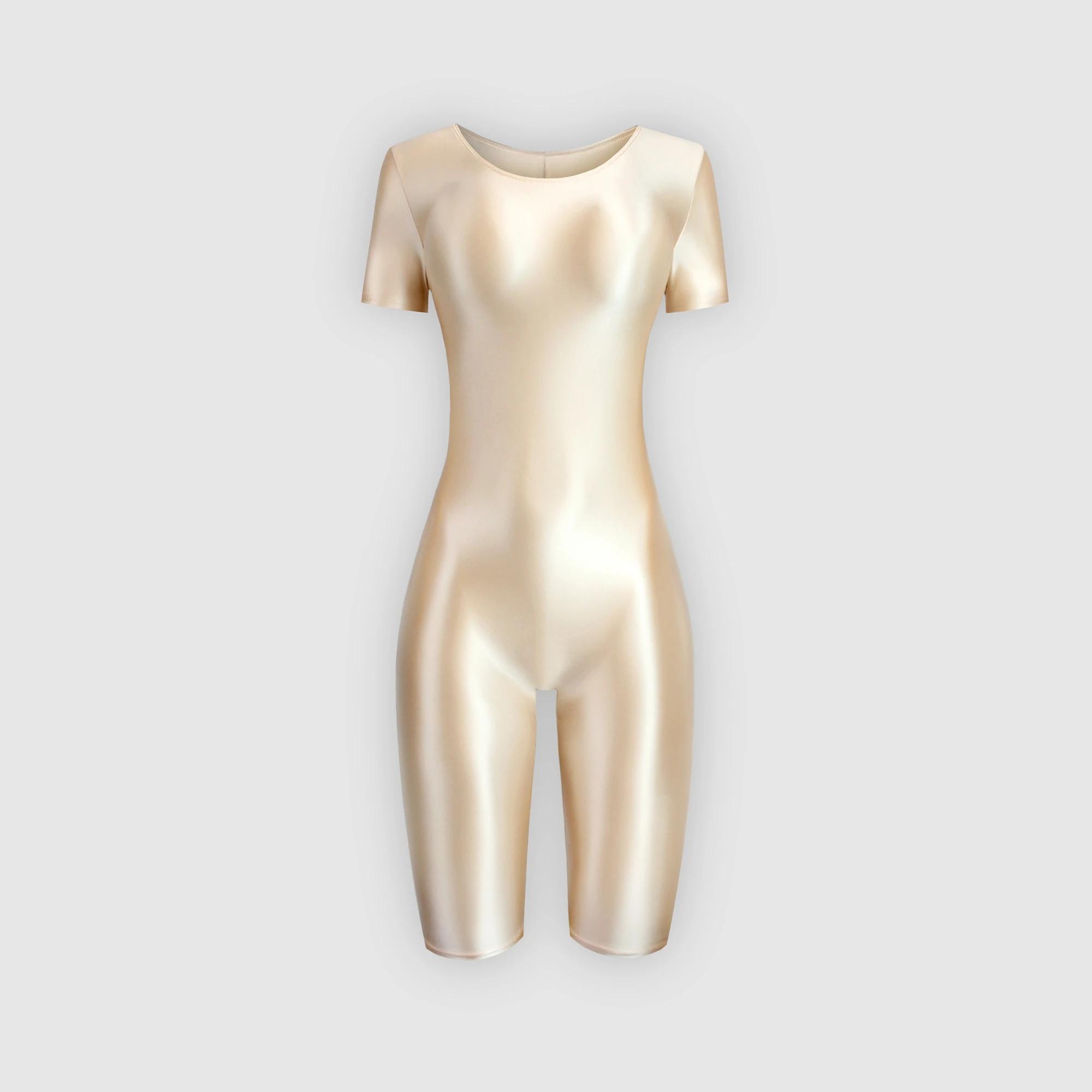 Maillot de bain une pièce en satin brillant pour femme, body sportif, collants huileux, lisse, manch