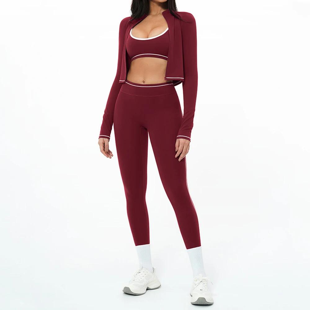 Ensemble de yoga 3 pièces avec fermeture éclair, tenue de sport d'extérieur, survêtement de gym pour