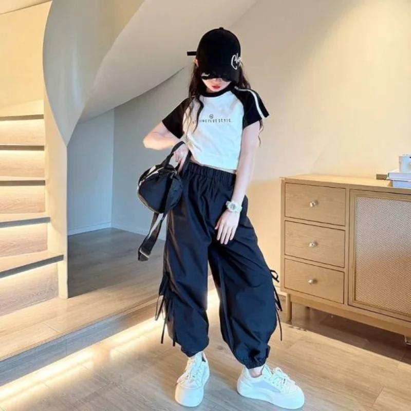 Ensembles décontractés pour enfants : T-shirt et pantalon cargo 2 pièces pour filles de 7 à 13 ans –