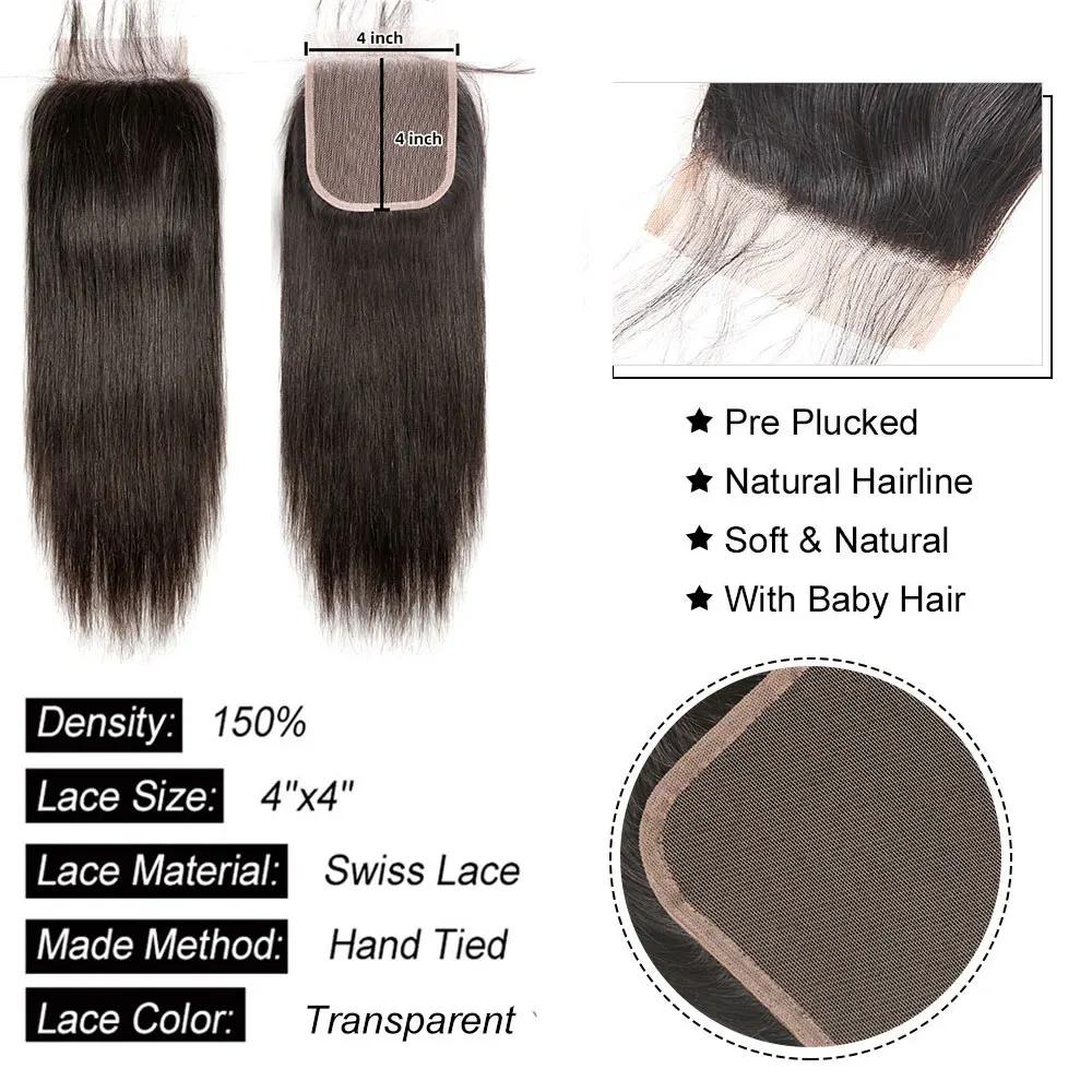 Extensions de cheveux naturels lisses avec Lace Closure, 4x4, 5x5, 6x6, 13x4, 13x6, Extensions front