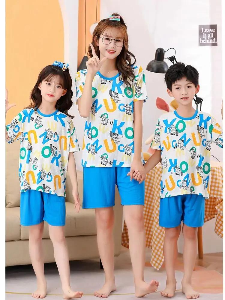 Pyjama d'été 2 pièces à manches courtes pour enfant, ensemble fin et mignon, neutre, parent-enfant,