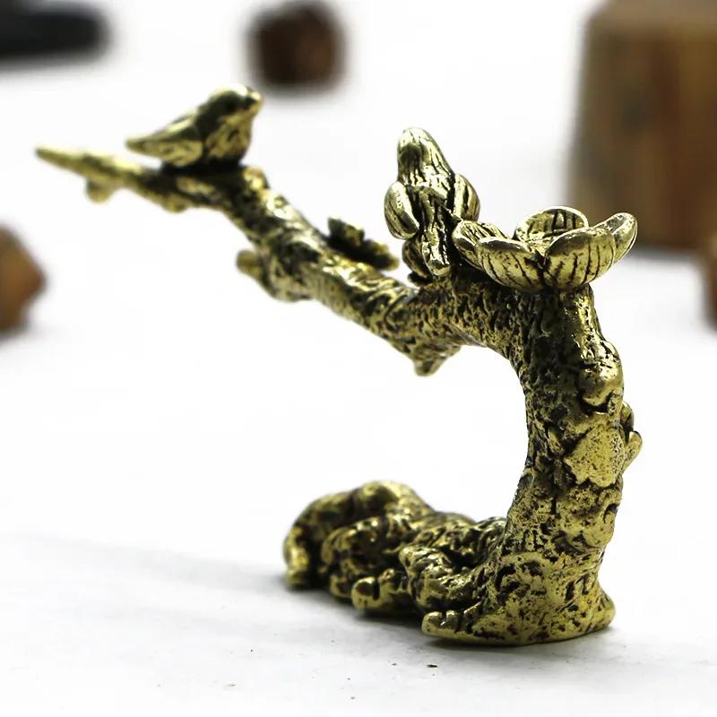 Arbre à prune en cuivre pur, oiseau pie heureux, ornements miniatures, Figurine de coucou en laiton