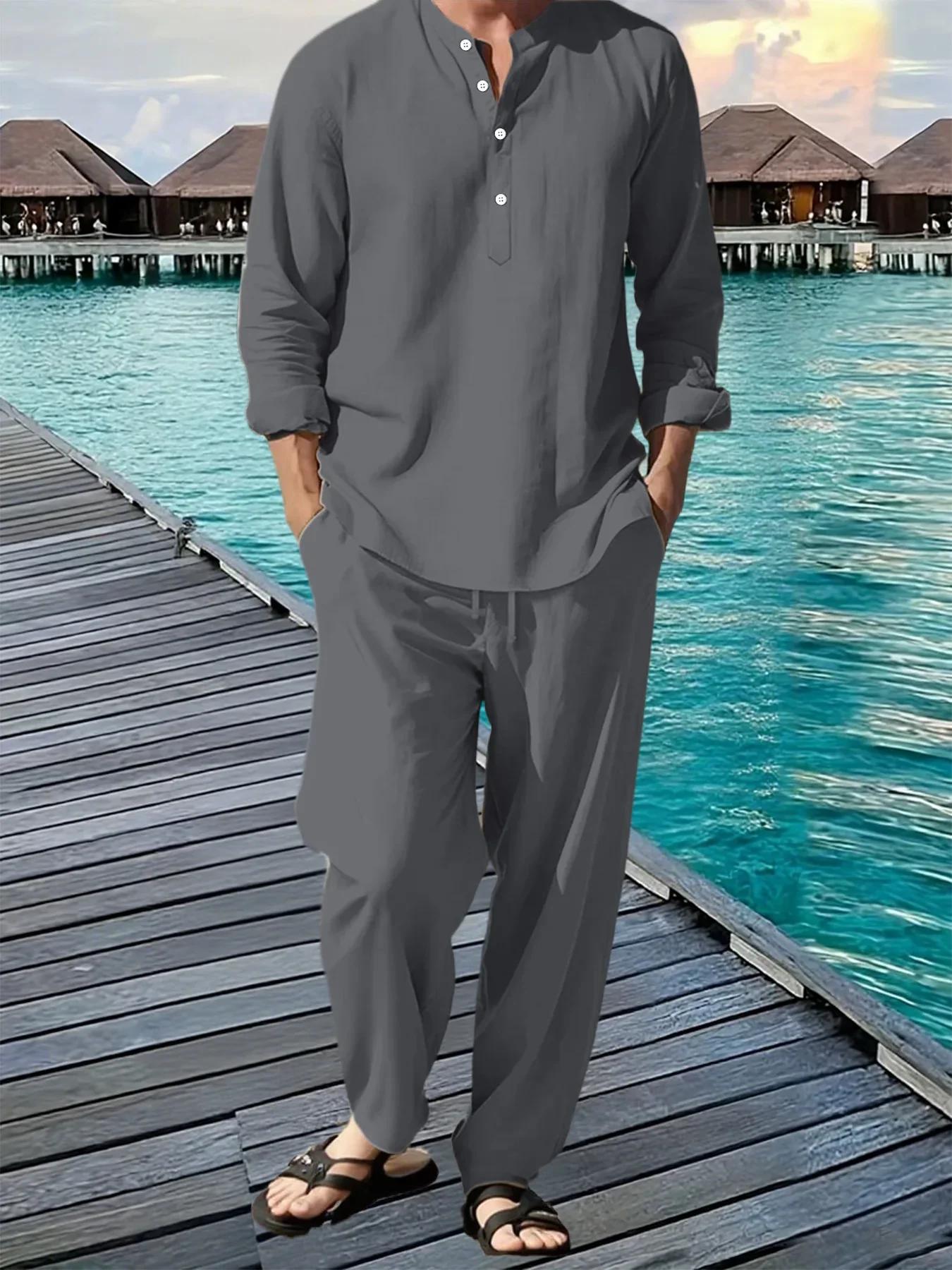 Costume chemise et pantalon pour hommes, respirant, plage, vacances hawaïennes, ensemble décontracté