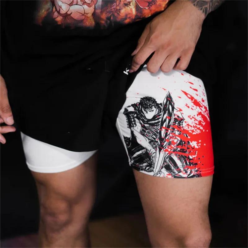 Anime sport Fitness course Jogging Performance Shorts hommes Shorts 2 en 1 bicouche Shorts imprimer