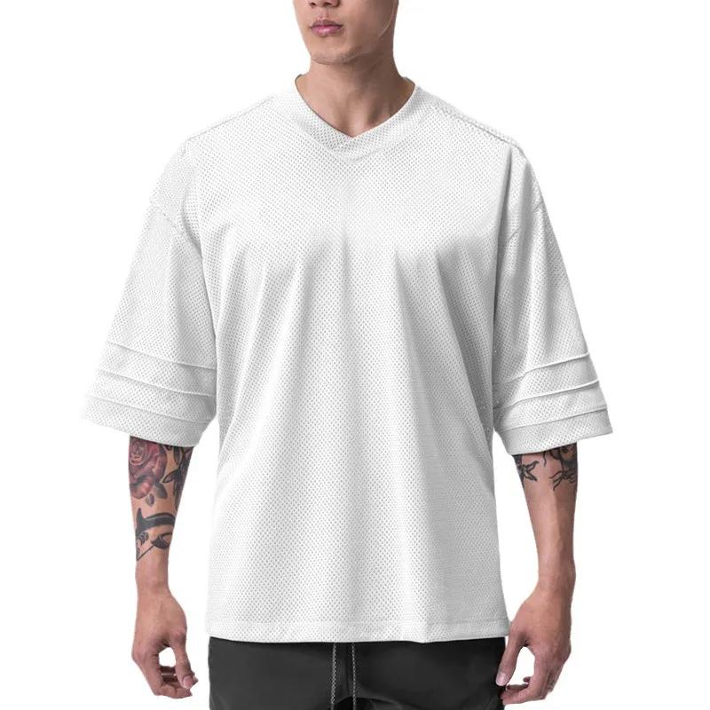 T-shirt manches mi-longues pour hommes, sport de gymnastique uni, musculation, maille surdimensionné