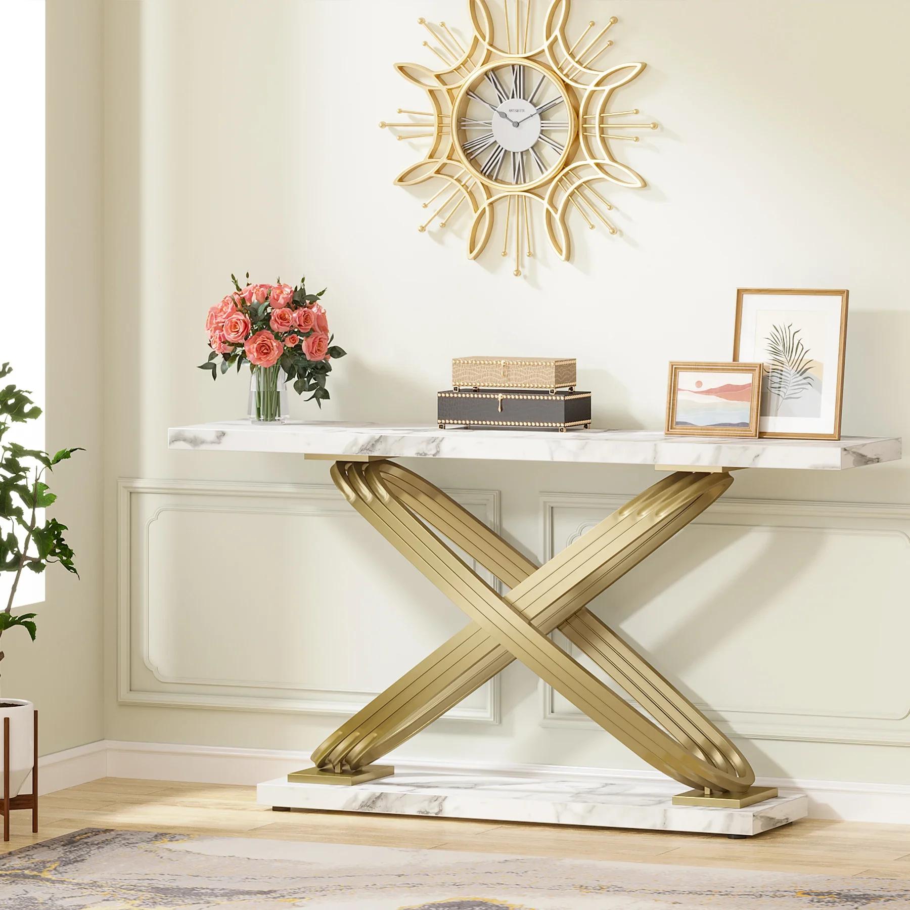 Tribesigns-Table console moderne de 55 pouces, table d'entrée en faux marbre doré derrière le canapé