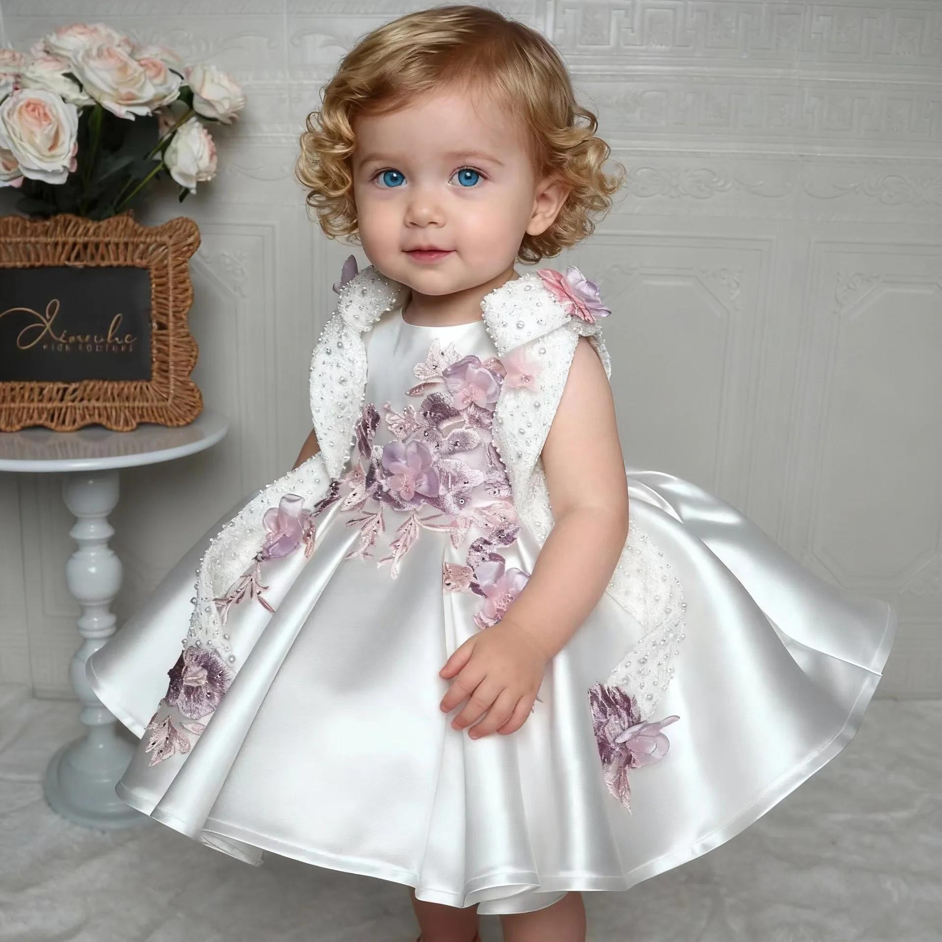Robe princesse blanche à fleurs pour enfants, tenue Tutu brodée d'un an, sans manches, haut de gamme