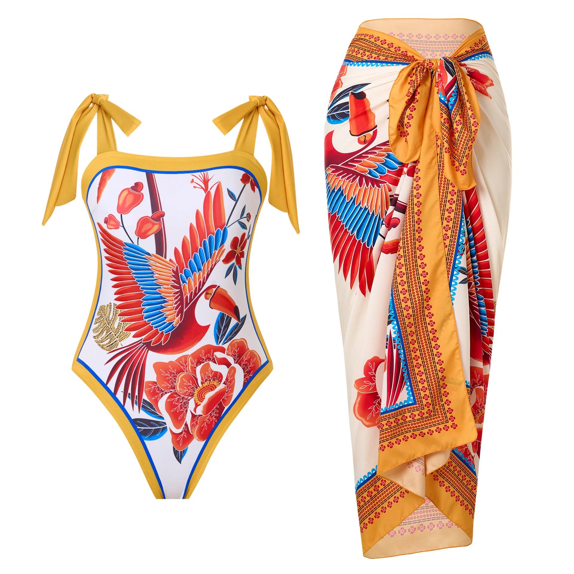 Maillot de bain une pièce imprimé pour femme 2026 avec jupe de plage – Tenue de bain estivale