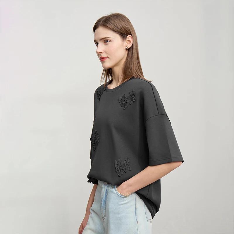 Amii T-shirt femme 2026 printemps nouveau col rond épissage dentelle manches courtes T-Shirt femme a