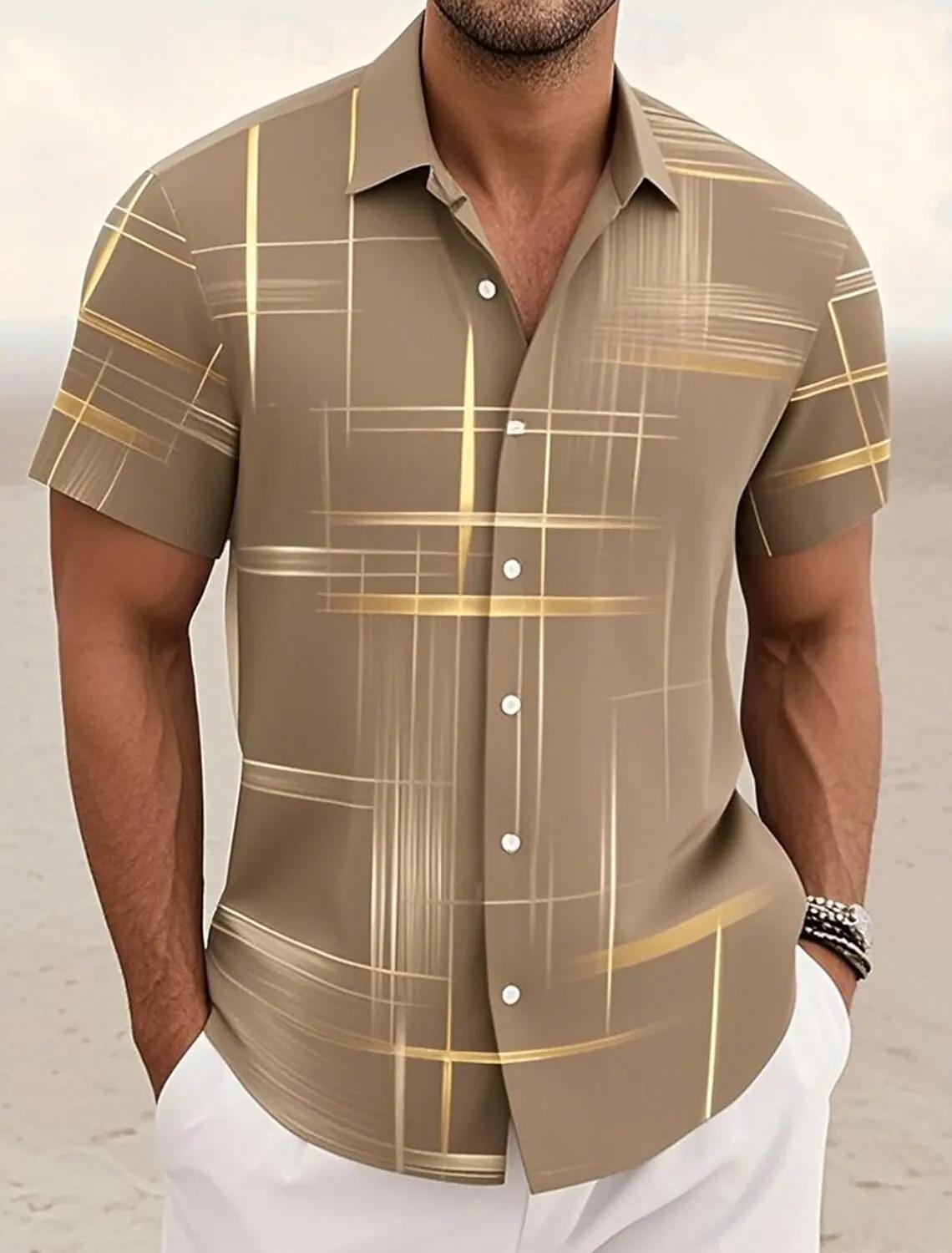 Chemises d'été à carreaux à grille géométrique pour hommes, chemise hawaïenne à manches courtes raba