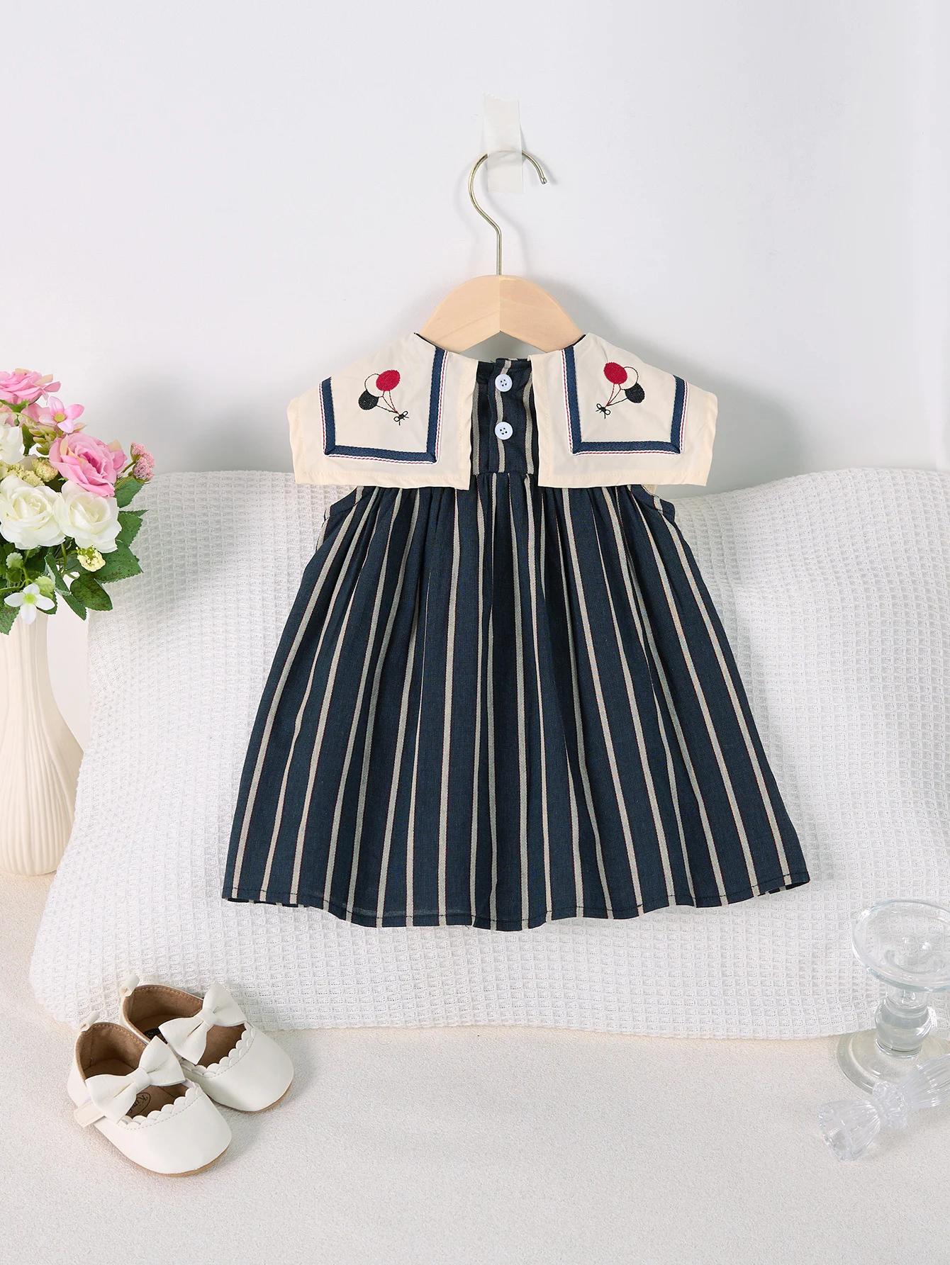 Robe d'été décontractée pour filles, jupe rayée à grand revers, sans manches, brodée