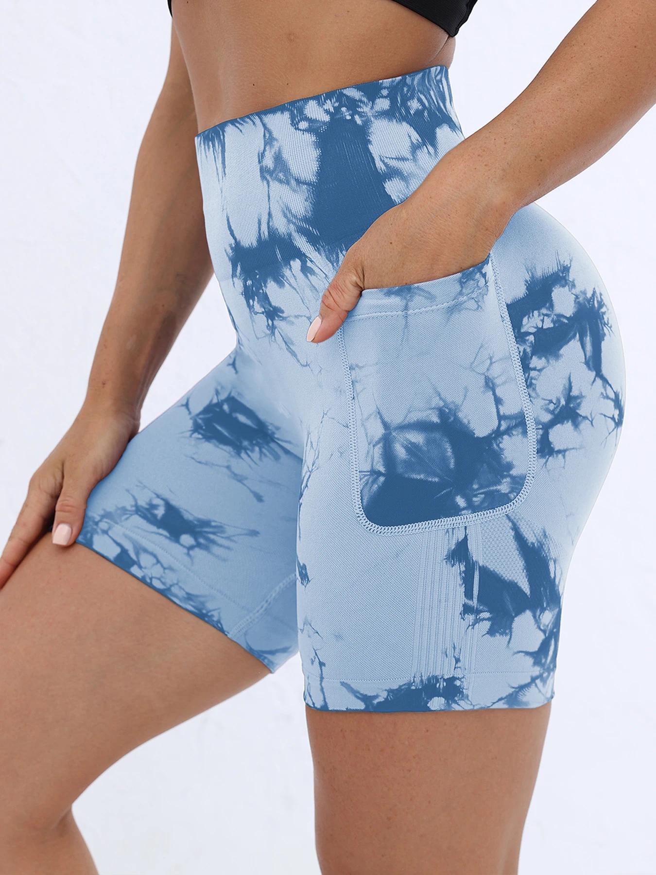 Short d'entraînement Tie Dye pour femmes avec poches, froissé, levage des fesses, taille haute, Yoga
