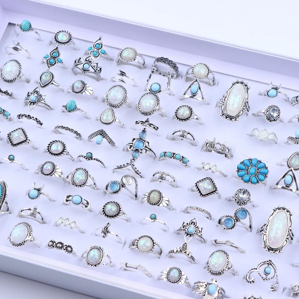 Bagues Vintage Boho en verre Turquoise pour femmes, 20/30 pièces/lot, mode Style vacances, Festival
