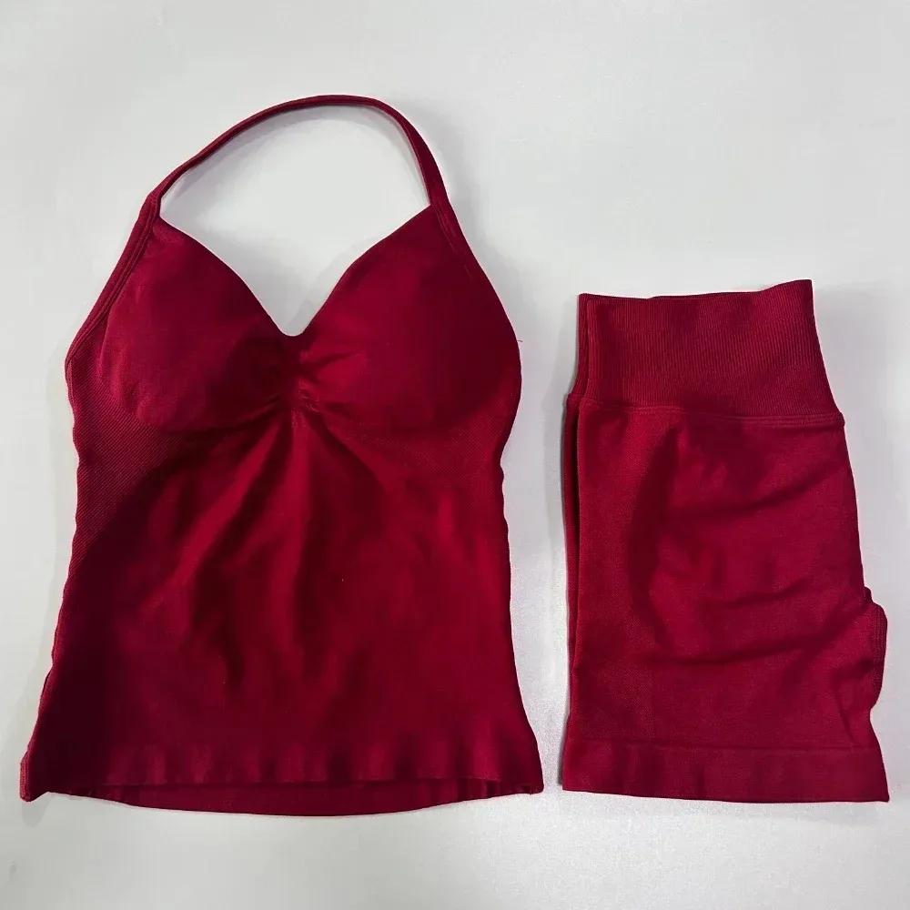 Ensemble de sport 2 pièces pour femme : débardeur dos nu et short taille haute froncé sans couture –