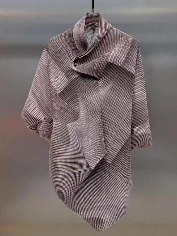 YUDX plissé couleur bloc irrégulier t-shirt femmes revers manches chauve-souris ample mode Chic Styl