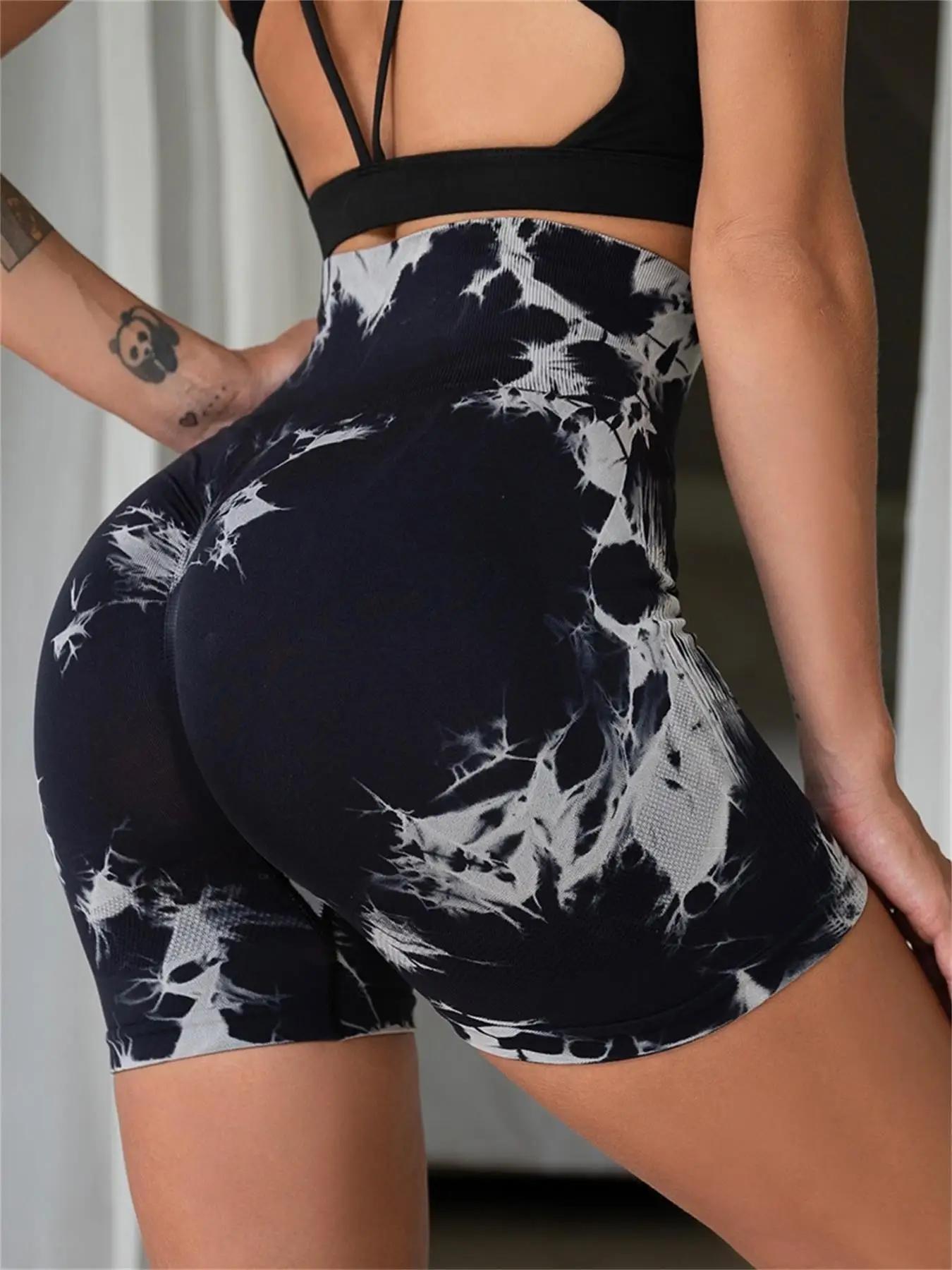 Short de sport froncé taille haute imprimé Tie Dye pour femmes, short slim décontracté, confortable